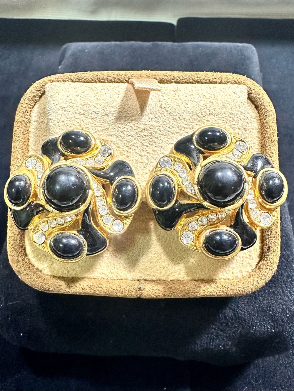 NOS/Vtg 3-Dimensional Rhinestone, Black Enamel Swirl Oversized Clip On Earrings